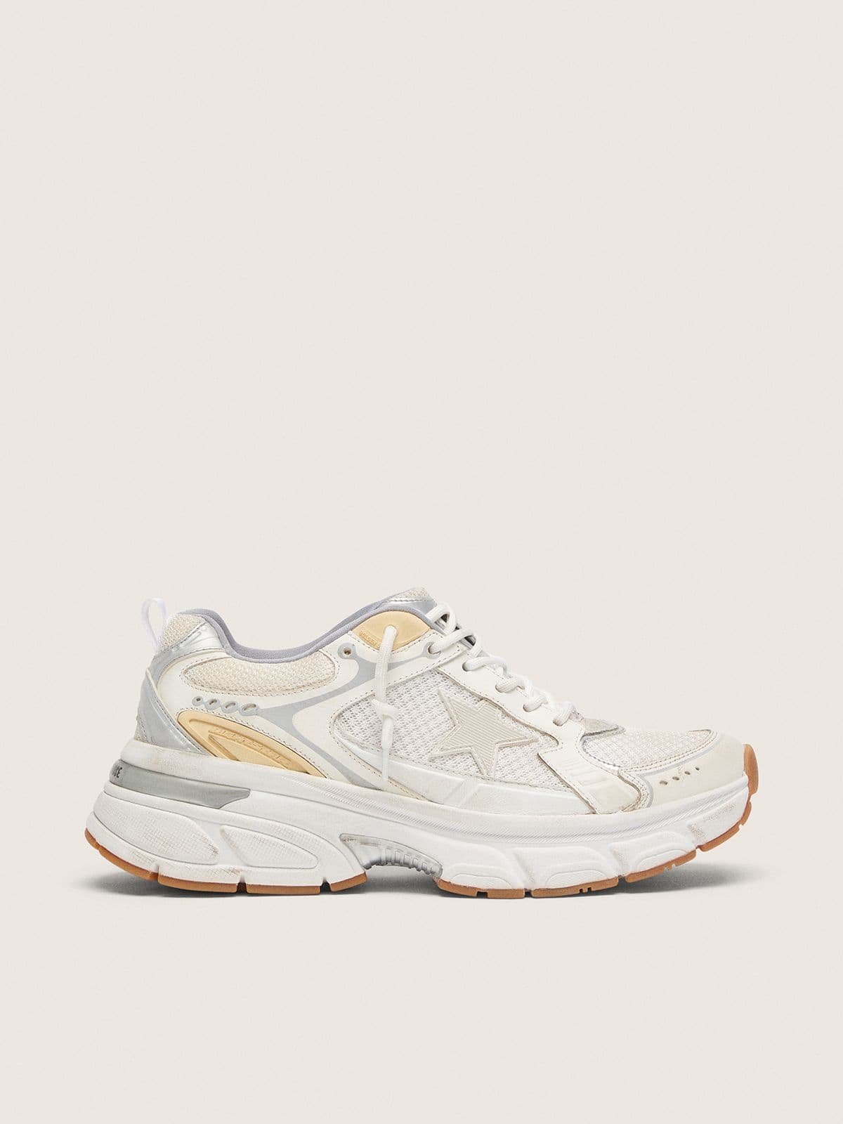 Golden Goose Mens Lightstar In White Leather And Mesh With Worn-White Star Mens