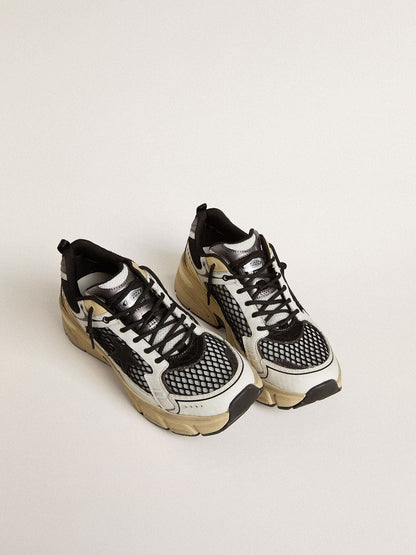 Golden Goose Mens Lightstar In White Leather And Black Mesh With Black Tpu Star Mens