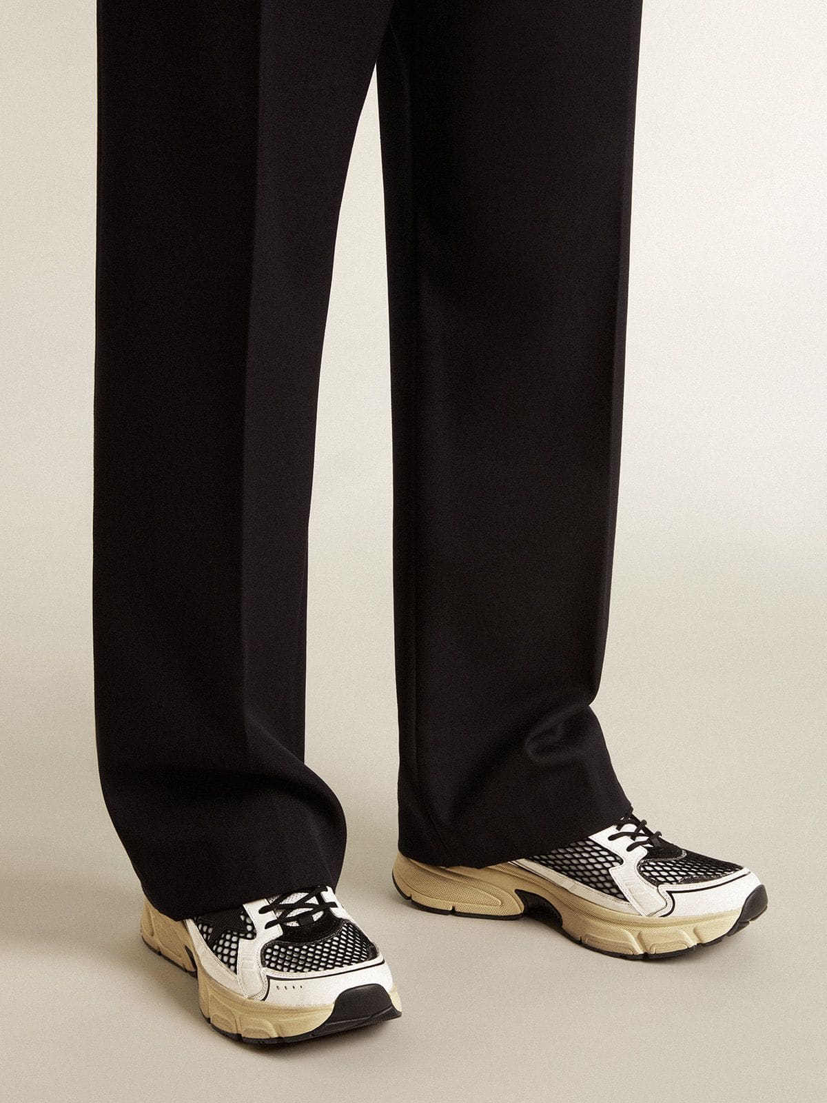 Golden Goose Mens Lightstar In White Leather And Black Mesh With Black Tpu Star Mens