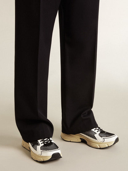Golden Goose Mens Lightstar In White Leather And Black Mesh With Black Tpu Star Mens