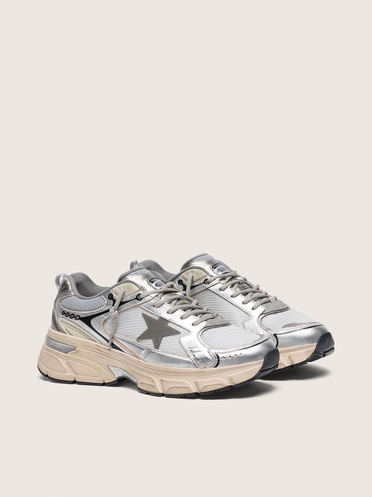 Golden Goose Mens Lightstar In Gray Mesh And Silver Nappa Leather With Gray Tpu Star Mens