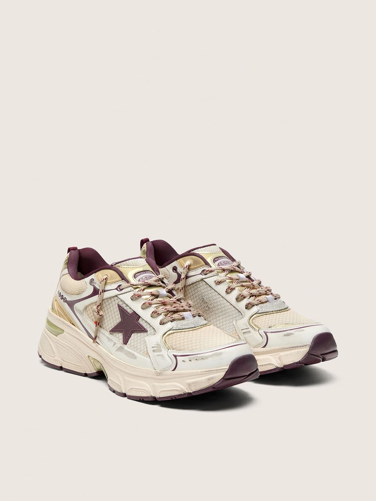 Golden Goose Mens Lightstar Cny In White Mesh And Leather With Wine-Red Tpu Star Mens