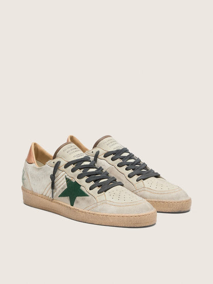 Golden Goose Mens Ball Star Ltd In White Pony Skin And Gray Suede With Green Star Mens