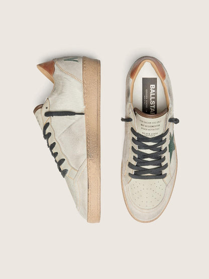 Golden Goose Mens Ball Star Ltd In White Pony Skin And Gray Suede With Green Star Mens