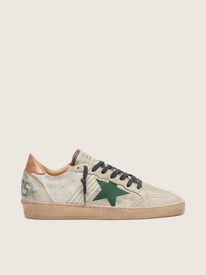 Golden Goose Mens Ball Star Ltd In White Pony Skin And Gray Suede With Green Star Mens