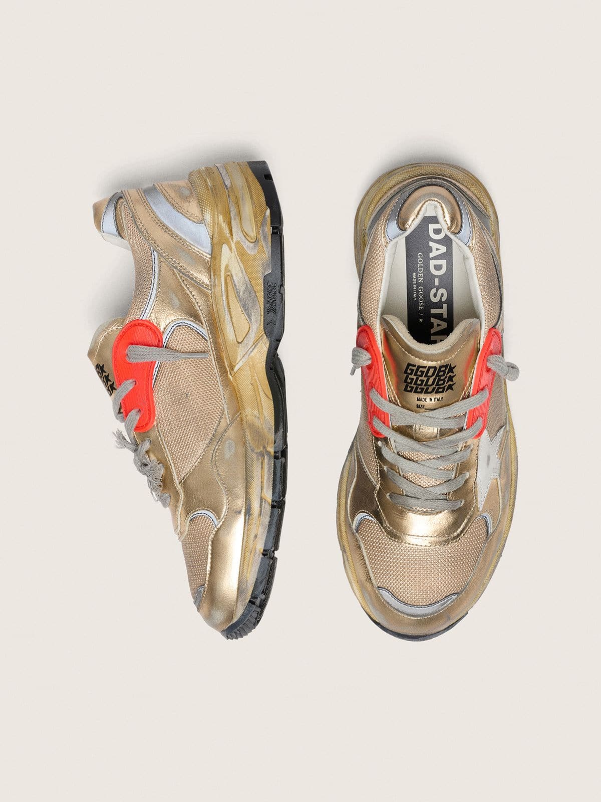 Golden Goose Mens Dad-Star In Gold Laminated Leather And Mesh With White Leather Star And Gold Leather Heel Tab Mens