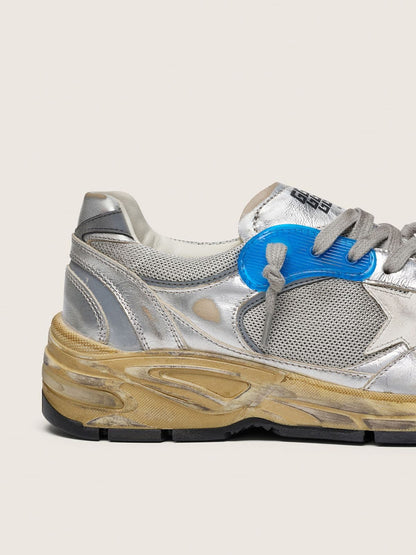 Golden Goose Mens Dad-Star In Silver Laminated Leather And Mesh With White Leather Star And Silver Heel Tab Mens