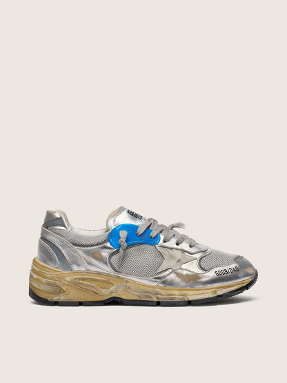 Golden Goose Mens Dad-Star In Silver Laminated Leather And Mesh With White Leather Star And Silver Heel Tab Mens