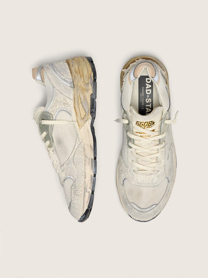 Golden Goose Mens Dad-Star In Suede And Mesh With White Leather Star And Beige Leather Heel Tab Mens