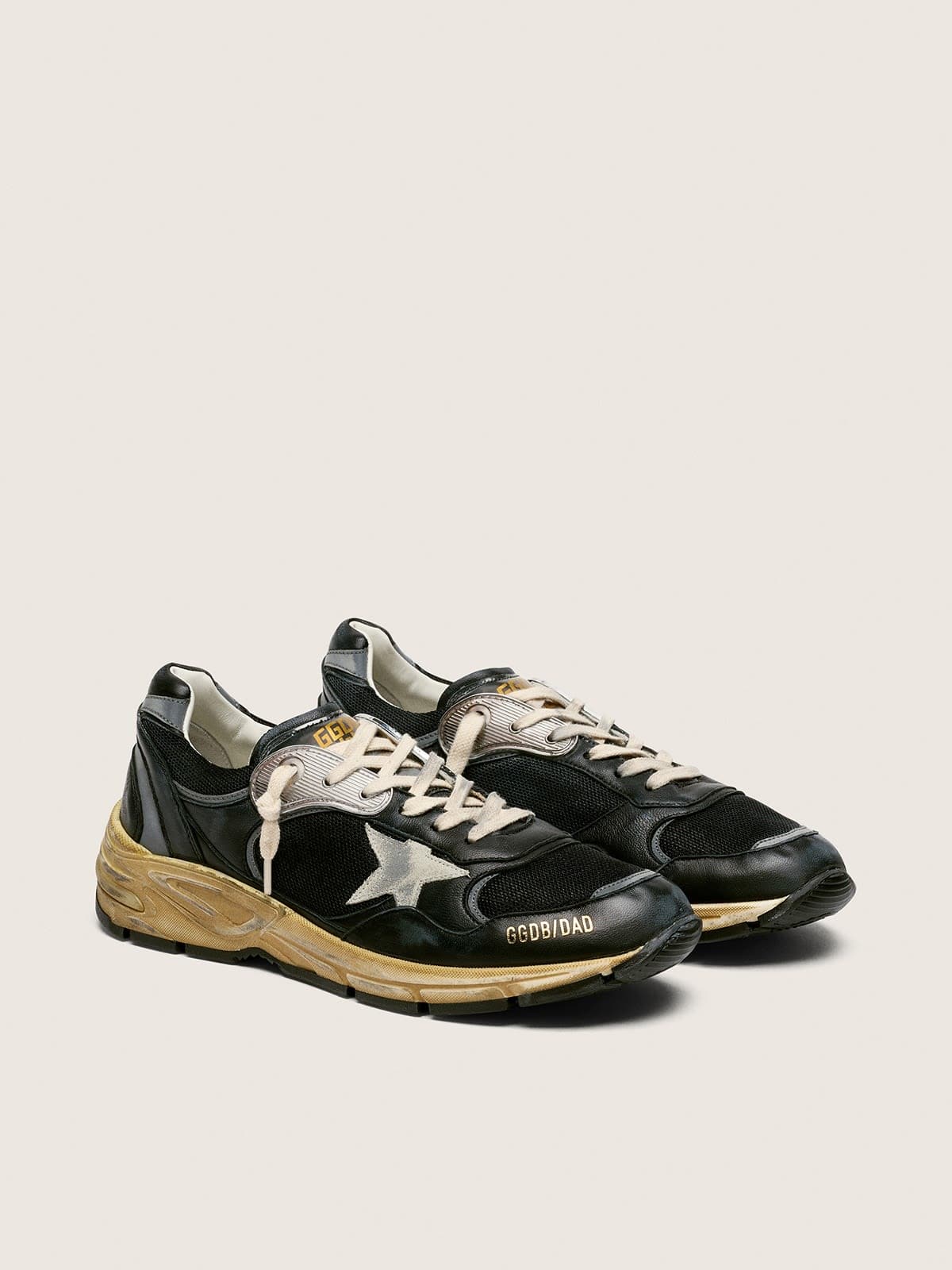 Golden Goose Mens Dad-Star In Black And Silver Mesh And Nappa With Ice-Gray Star Mens