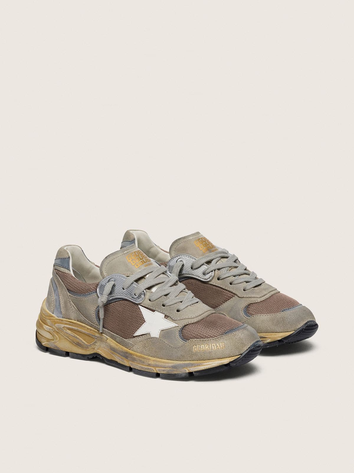 Golden Goose Mens Dad-Star In Dove-Gray Suede And Silver Mesh With White Leather Star And Suede Heel Tab Mens