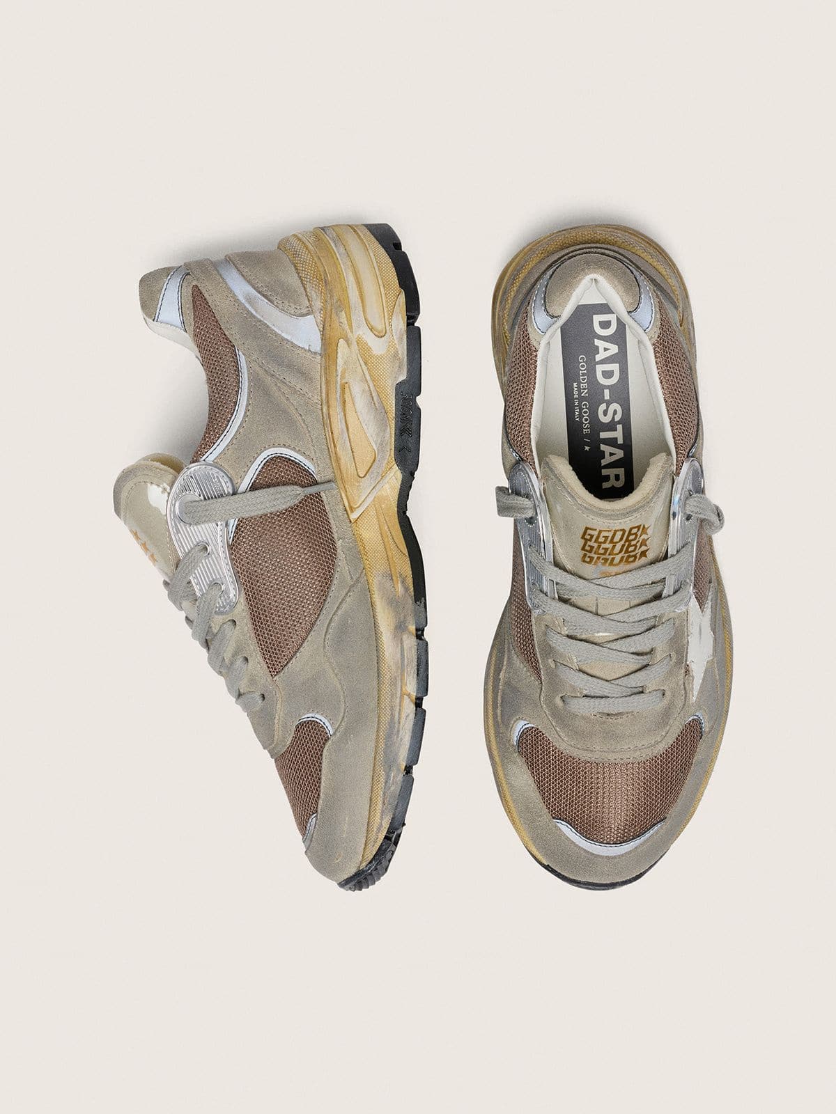 Golden Goose Mens Dad-Star In Dove-Gray Suede And Silver Mesh With White Leather Star And Suede Heel Tab Mens