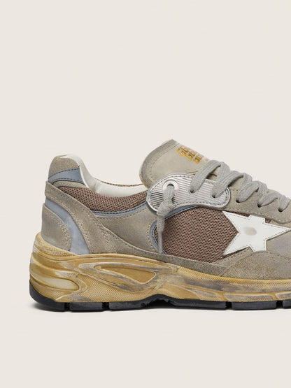 Golden Goose Mens Dad-Star In Dove-Gray Suede And Silver Mesh With White Leather Star And Suede Heel Tab Mens