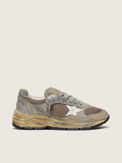 Golden Goose Mens Dad-Star In Dove-Gray Suede And Silver Mesh With White Leather Star And Suede Heel Tab Mens