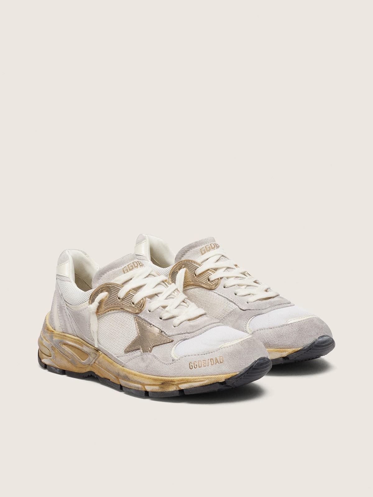 Golden Goose Mens Dad-Star In Mesh And White Suede With Gold Foiled Leather Star Mens
