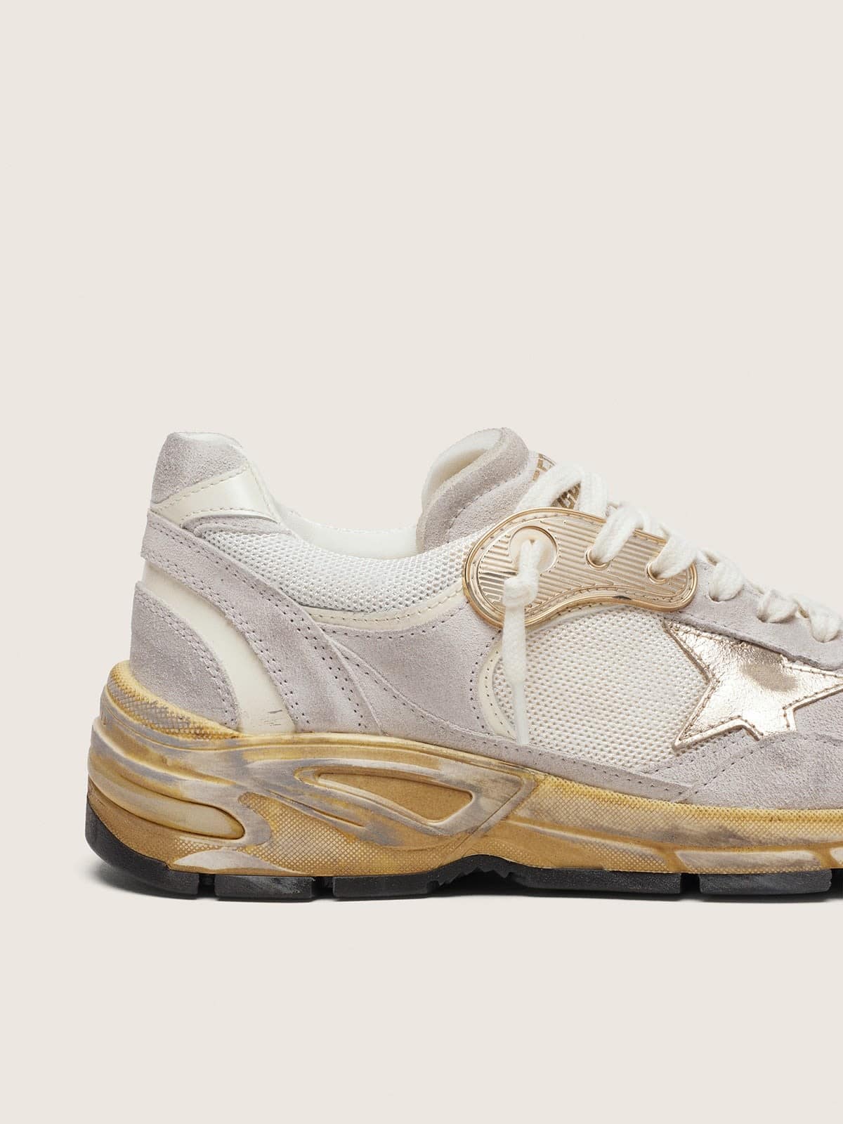 Golden Goose Mens Dad-Star In Mesh And White Suede With Gold Foiled Leather Star Mens