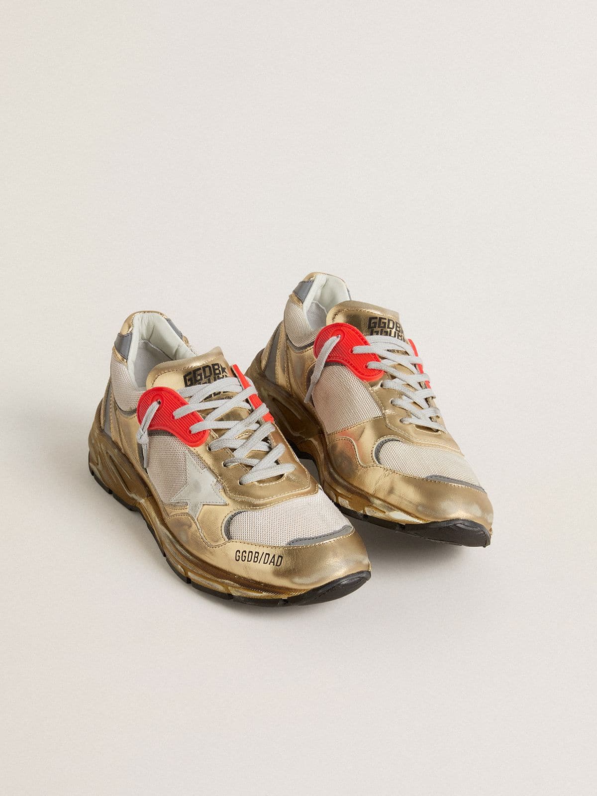 Golden Goose Mens Dad-Star In Mesh And Gold Foiled Leather With White Leather Star Mens