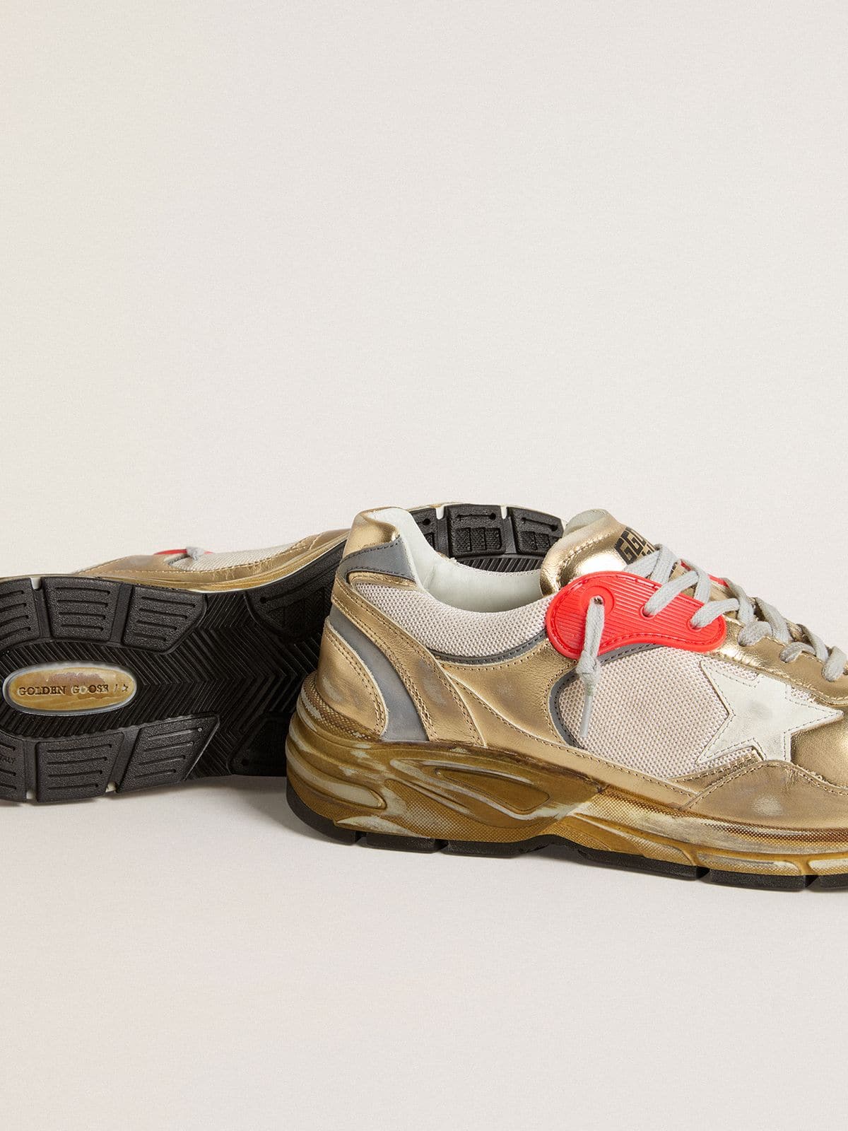 Golden Goose Mens Dad-Star In Mesh And Gold Foiled Leather With White Leather Star Mens