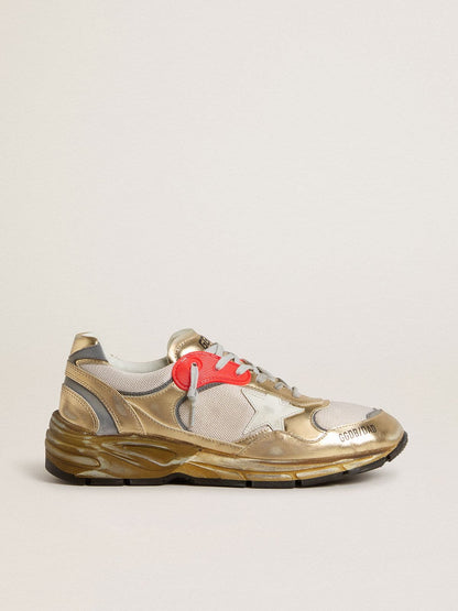 Golden Goose Mens Dad-Star In Mesh And Gold Foiled Leather With White Leather Star Mens