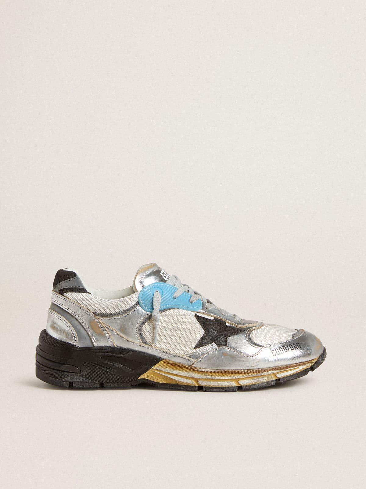 Golden Goose Mens Dad-Star In Mesh And Silver Foiled Leather With Black Leather Star Mens