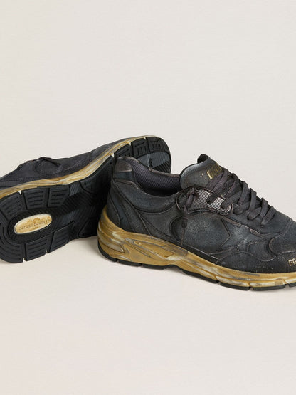 Golden Goose Mens Dad-Star In Black Naplak And Crackle Leather With Black Star And Heel Tab Mens