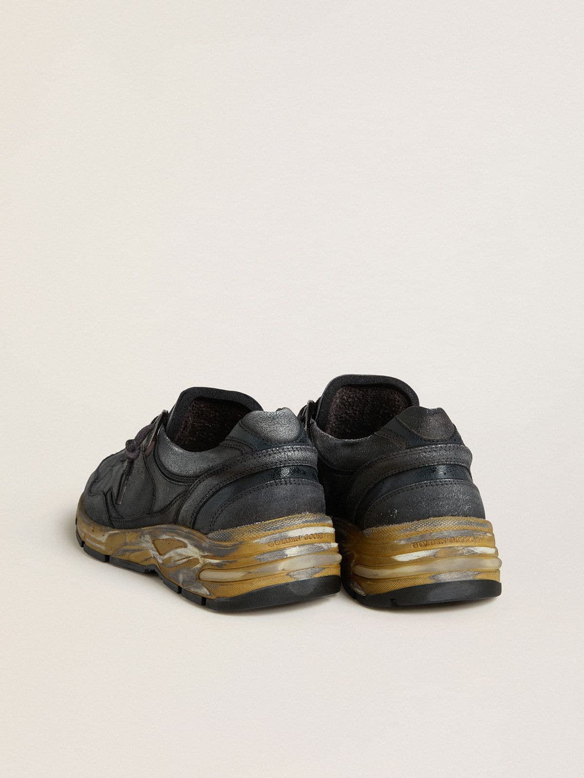 Golden Goose Mens Dad-Star In Black Naplak And Crackle Leather With Black Star And Heel Tab Mens