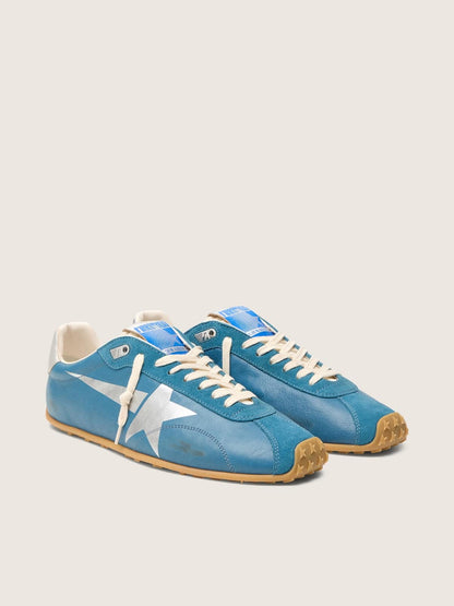 Golden Goose Mens Marathon Speed In Blue Nappa With Printed Star And Silver Leather Heel Tab Mens