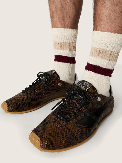Golden Goose Mens Marathon Speed In Leather With Brown Snake Print, Black Star And Silver Leather Heel Tab Mens