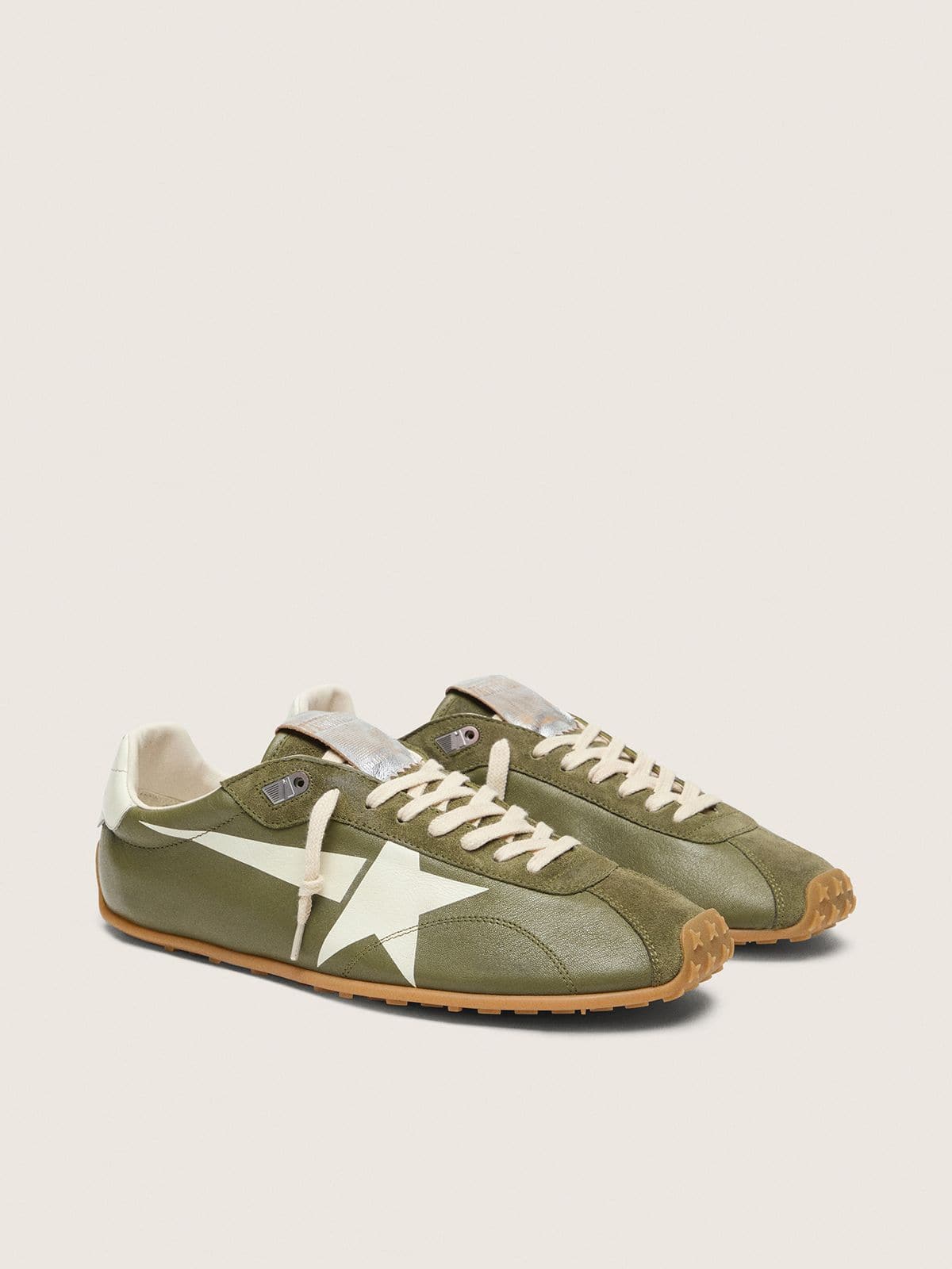 Golden Goose Mens Marathon Speed In Olive-Green Leather With Cream Star Mens