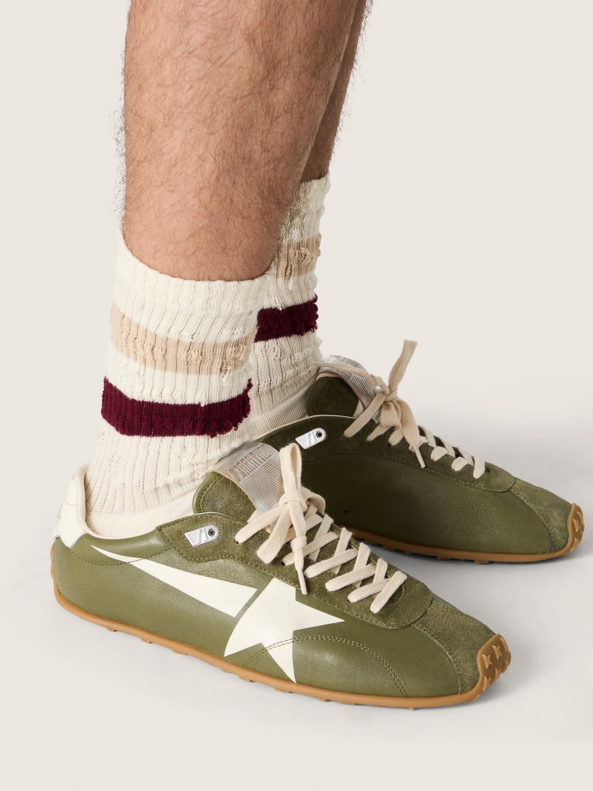 Golden Goose Mens Marathon Speed In Olive-Green Leather With Cream Star Mens