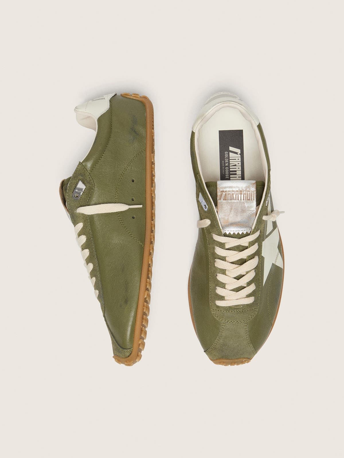 Golden Goose Mens Marathon Speed In Olive-Green Leather With Cream Star Mens