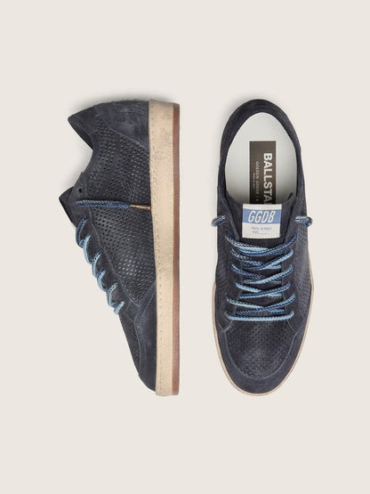 Golden Goose Mens Ball Star In Dark Blue Perforated Suede With Dark Blue Suede Star Mens