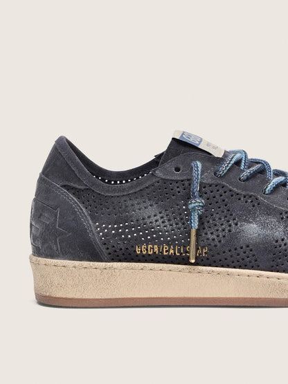 Golden Goose Mens Ball Star In Dark Blue Perforated Suede With Dark Blue Suede Star Mens