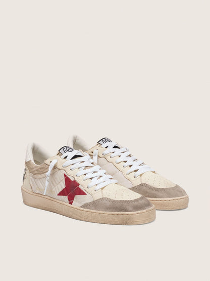 Golden Goose Ball Star In Nylon And White Mesh With Red Nylon Star And White Leather Heel Tab Mens