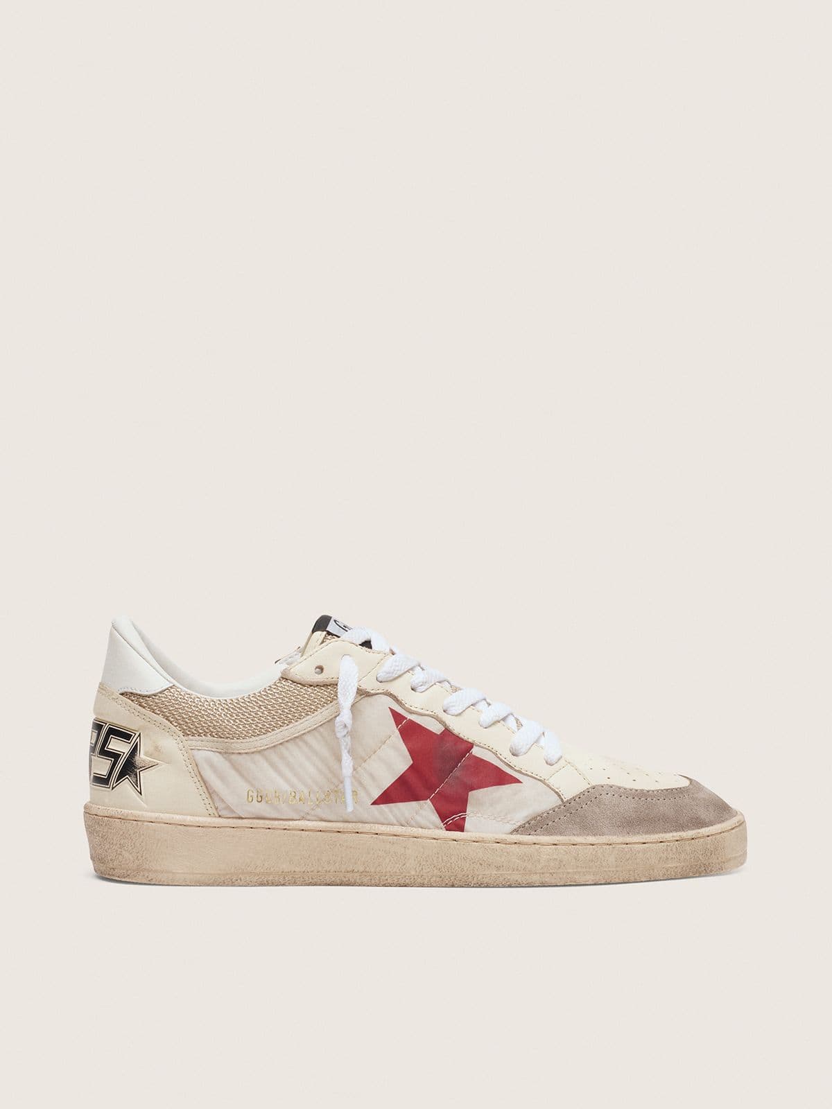 Golden Goose Ball Star In Nylon And White Mesh With Red Nylon Star And White Leather Heel Tab Mens