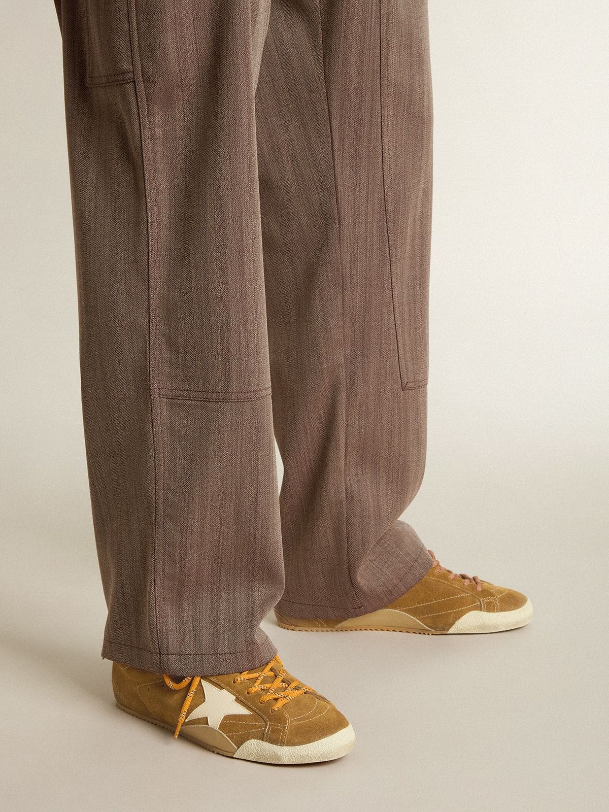 Golden Goose Mens True-Star In Tobacco-Colored Suede With White Star And Platinum Heel Tab Mens
