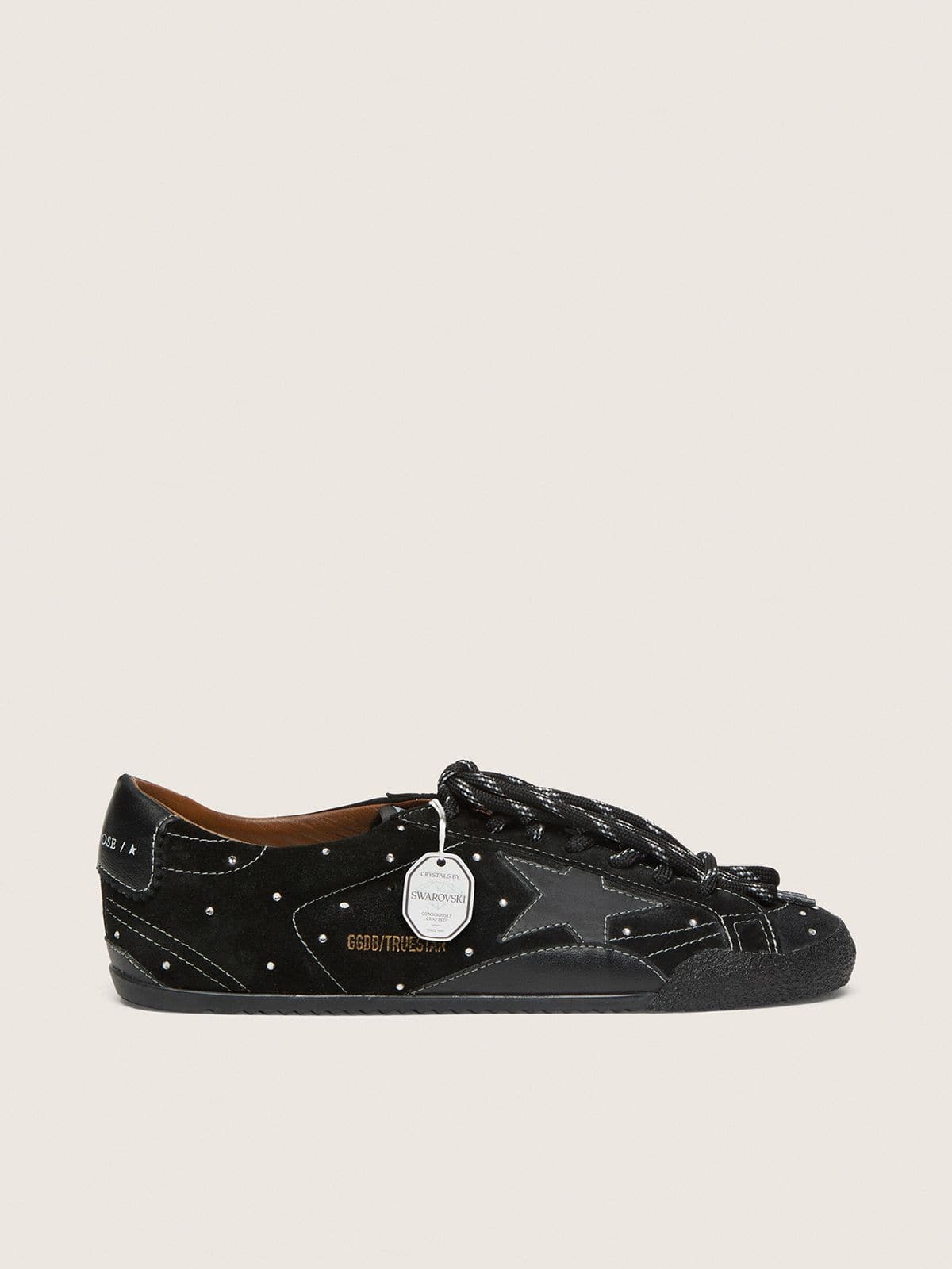 Golden Goose Mens True-Star In Black Suede With Swarovski Crystals And Black Leather Star Mens