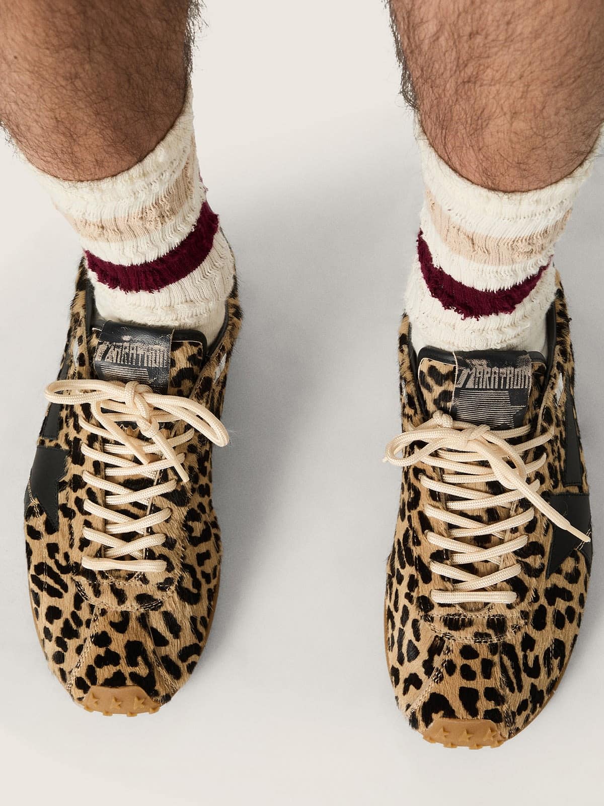 Golden Goose Mens Marathon Speed In Beige And Black Leopard-Print Pony Skin With Black Leather Star Mens
