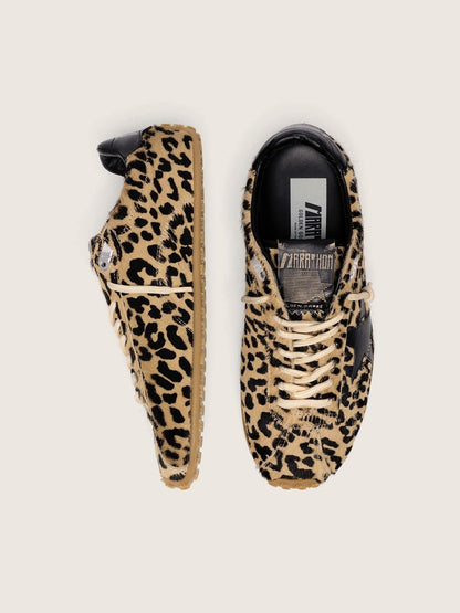 Golden Goose Mens Marathon Speed In Beige And Black Leopard-Print Pony Skin With Black Leather Star Mens