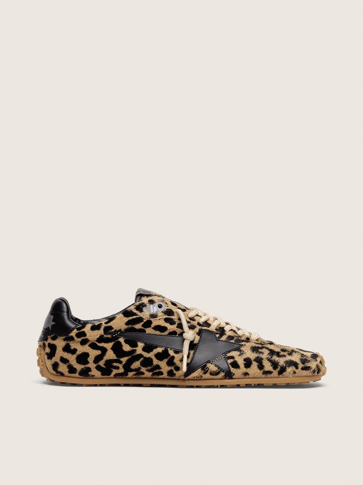 Golden Goose Mens Marathon Speed In Beige And Black Leopard-Print Pony Skin With Black Leather Star Mens