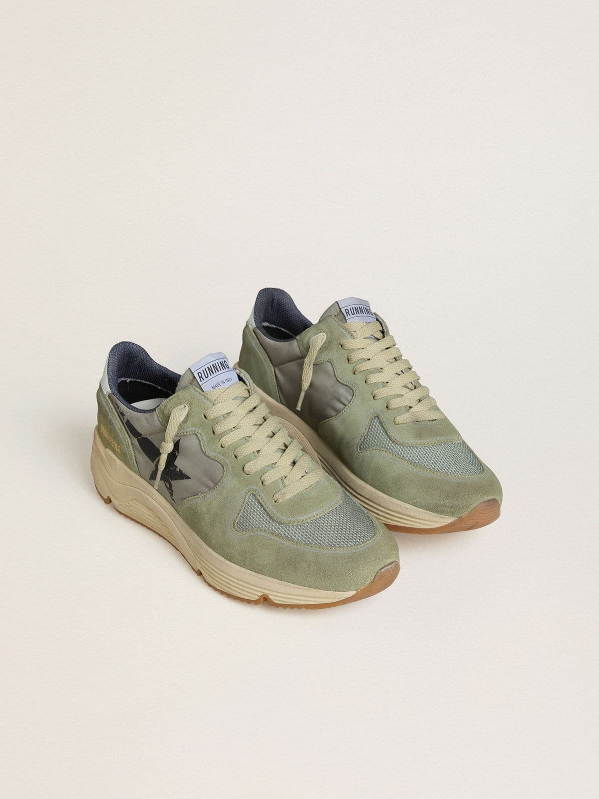 Golden Goose Mens Running Sole In Sage-Green Nylon And Suede With Printed Black Star Mens