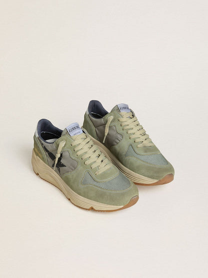 Golden Goose Mens Running Sole In Sage-Green Nylon And Suede With Printed Black Star Mens