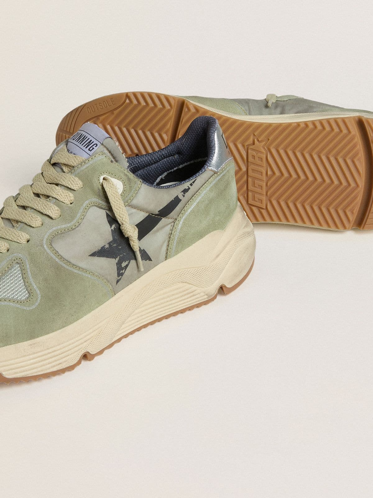 Golden Goose Mens Running Sole In Sage-Green Nylon And Suede With Printed Black Star Mens