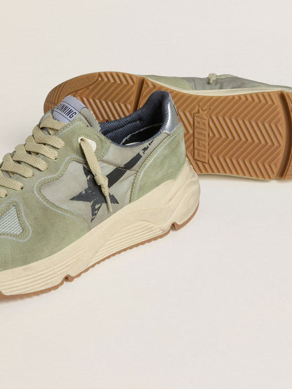 Golden Goose Mens Running Sole In Sage-Green Nylon And Suede With Printed Black Star Mens