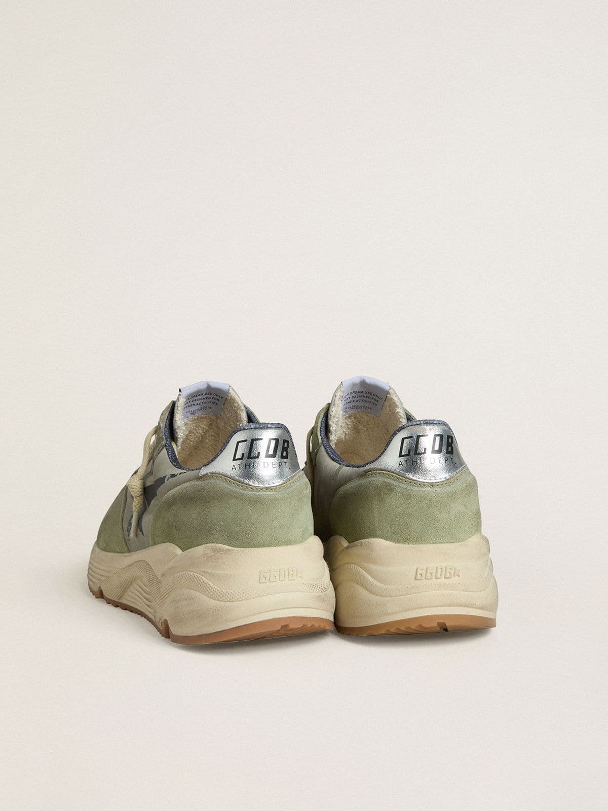 Golden Goose Mens Running Sole In Sage-Green Nylon And Suede With Printed Black Star Mens