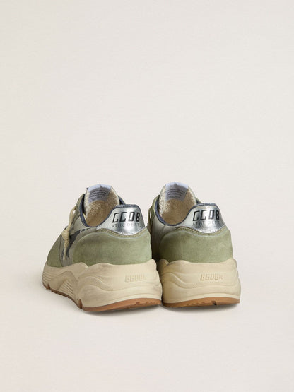 Golden Goose Mens Running Sole In Sage-Green Nylon And Suede With Printed Black Star Mens