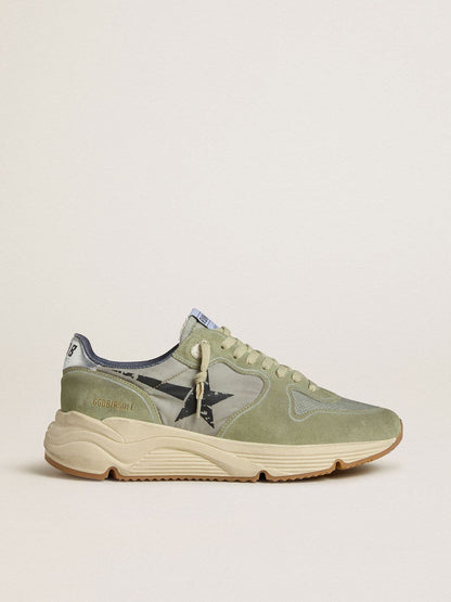 Golden Goose Mens Running Sole In Sage-Green Nylon And Suede With Printed Black Star Mens