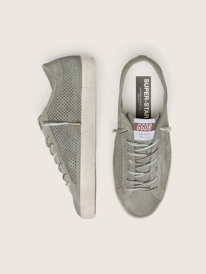 Golden Goose Mens Super-Star Ltd In Green Perforated Suede With Matching Suede Star Mens