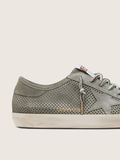Golden Goose Mens Super-Star Ltd In Green Perforated Suede With Matching Suede Star Mens