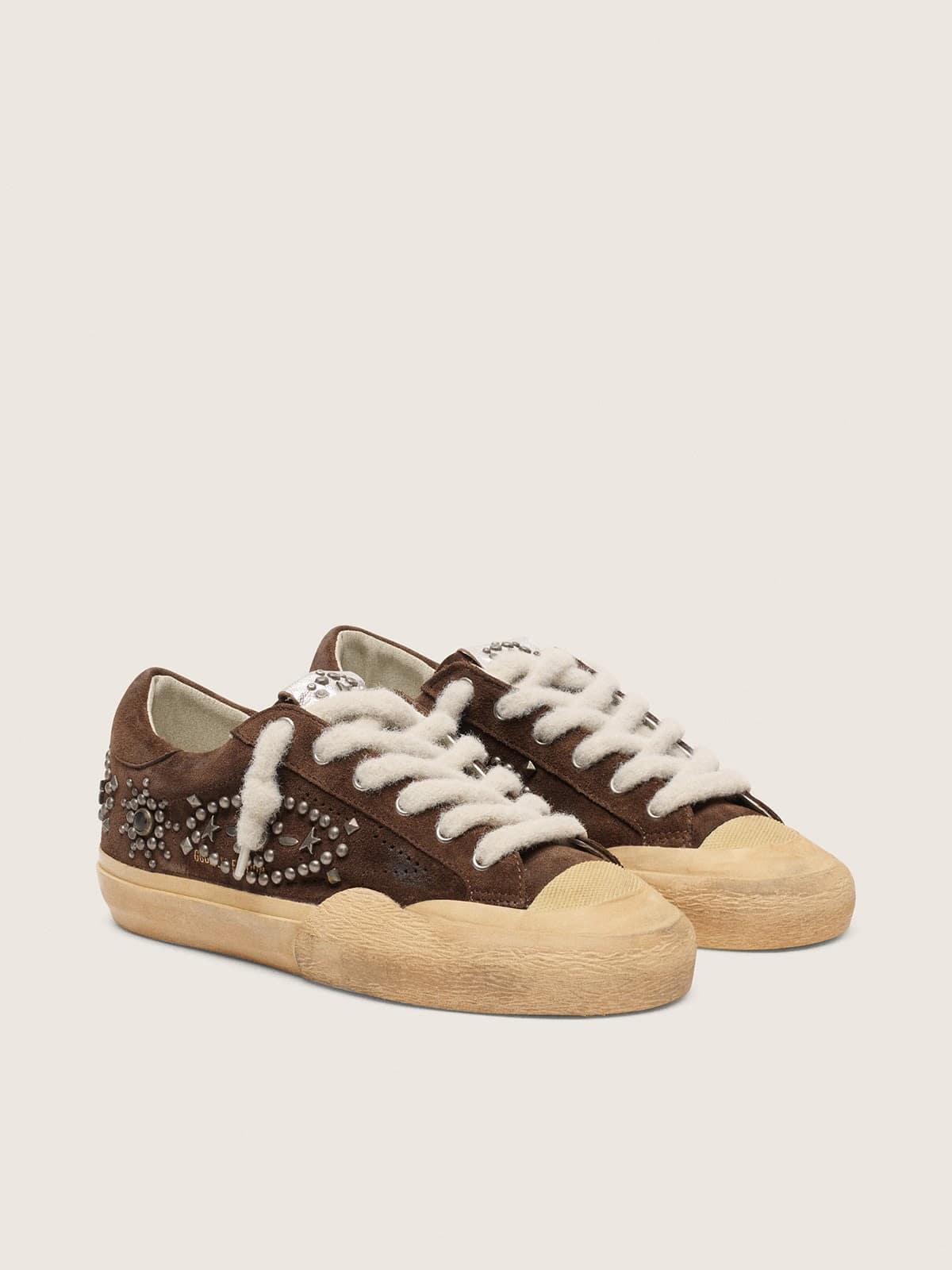 Golden Goose Mens Super-Star Penstar In Brown Suede With Studs Mens